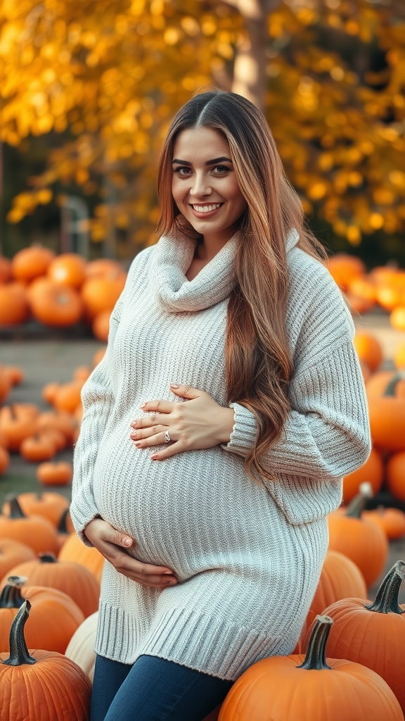 Pregnant woman in a sweater among pumpkins in an autumn setting.
